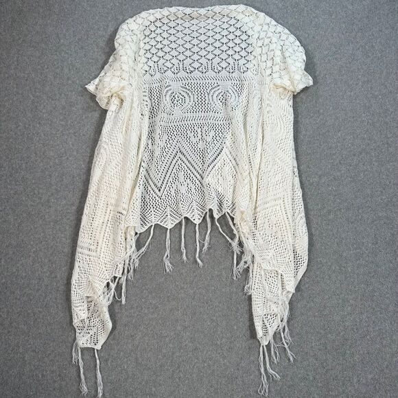 Energe World Wear Crochet Cardigan Duster White Women's Medium Tassel Trim Boho - Picture 7 of 7